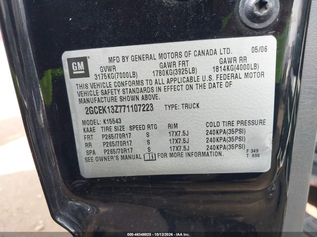 46346925 :رقم المزاد ، 2GCEK13Z771107223 vin ، 2007 Chevrolet Silverado 1500 Classic Lt1 مزاد بيع