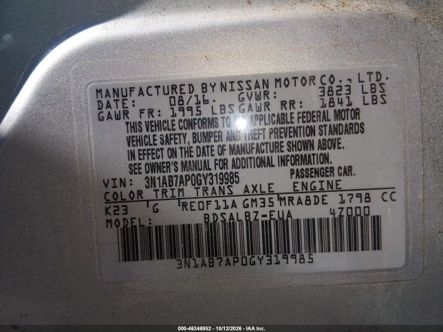 2016 Nissan Sentra S მანქანა იყიდება აუქციონზე, vin: 3N1AB7AP0GY319985, აუქციონის ნომერი: 46346952