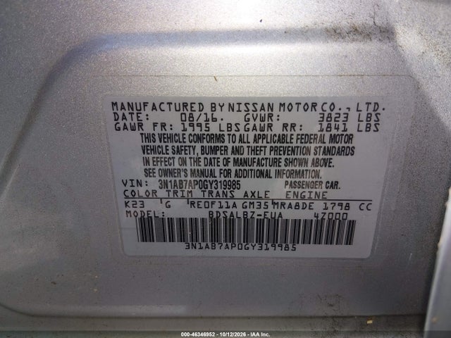 2016 Nissan Sentra S მანქანა იყიდება აუქციონზე, vin: 3N1AB7AP0GY319985, აუქციონის ნომერი: 46346952