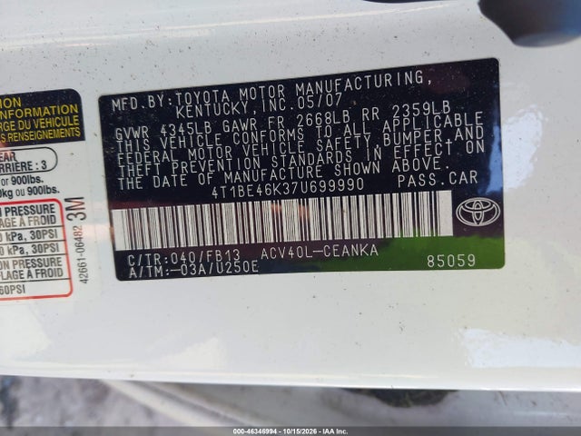 Aukcja sprzedaży 2007 Toyota Camry Le, vin: 4T1BE46K37U699990, numer aukcji: 46346994
