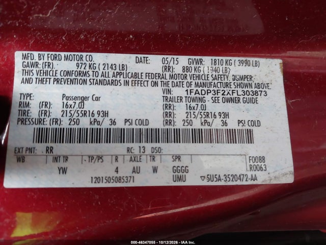 46347055 :رقم المزاد ، 1FADP3F2XFL303873 vin ، 2015 Ford Focus Se مزاد بيع