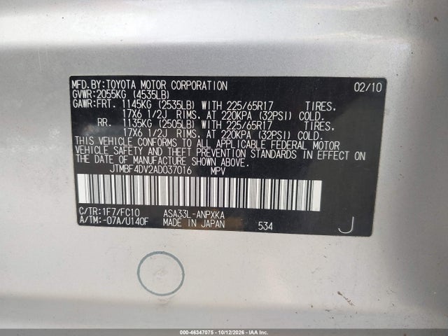 46347075 :رقم المزاد ، JTMBF4DV2AD037016 vin ، 2010 Toyota Rav4 مزاد بيع