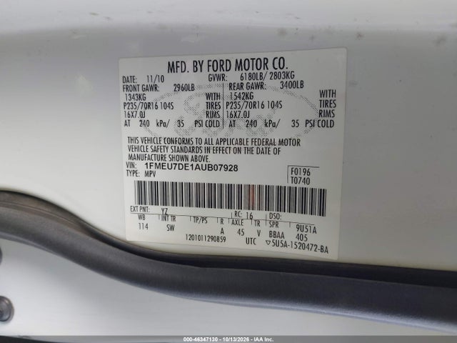 Aukcja sprzedaży 2010 Ford Explorer Xlt, vin: 1FMEU7DE1AUB07928, numer aukcji: 46347130