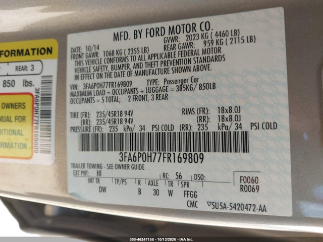 Продажа на аукционе авто 2015 Ford Fusion Se, vin: 3FA6P0H77FR169809, номер лота: 46347158