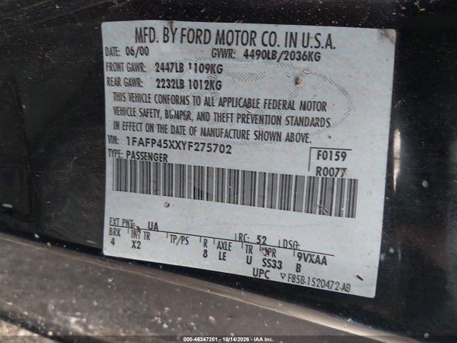 Продаж на аукціоні авто 2000 Ford Mustang Gt, vin: 1FAFP45XXYF275702, номер лоту: 46347201