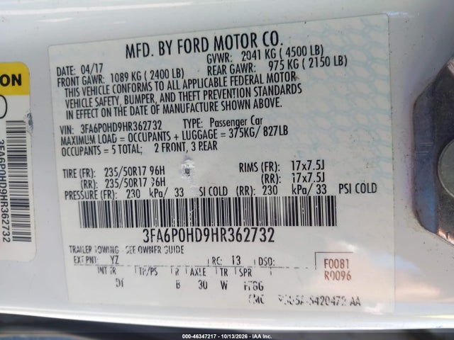 46347217 :رقم المزاد ، 3FA6P0HD9HR362732 vin ، 2017 Ford Fusion Se مزاد بيع