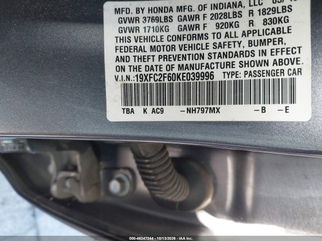 46347244 :رقم المزاد ، 19XFC2F60KE039996 vin ، 2019 Honda Civic Lx مزاد بيع