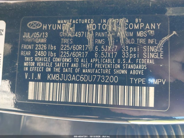 46347281 :رقم المزاد ، KM8JU3AC6DU773200 vin ، 2013 Hyundai Tucson Gls مزاد بيع