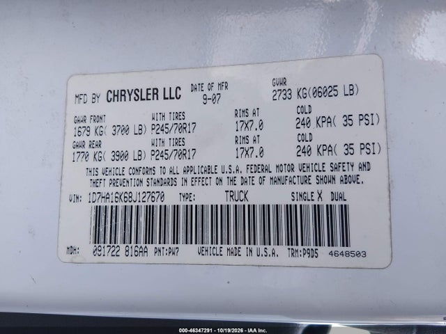 Aukcja sprzedaży 2008 Dodge Ram 1500 St/sxt, vin: 1D7HA16K68J127670, numer aukcji: 46347291