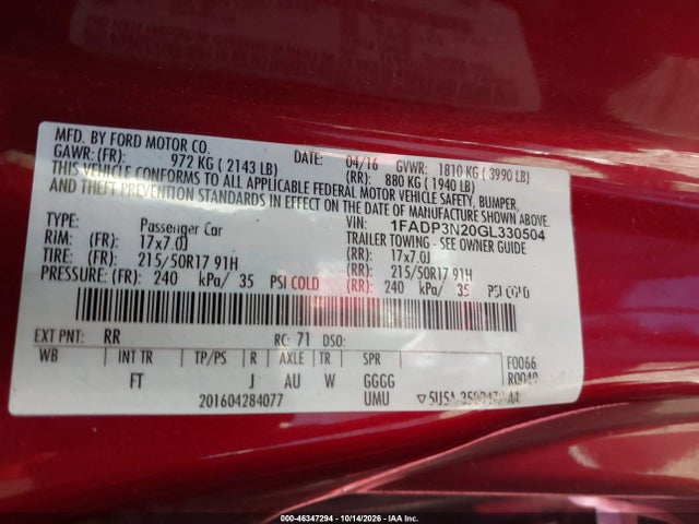 Продажа на аукционе авто 2016 Ford Focus Titanium, vin: 1FADP3N20GL330504, номер лота: 46347294