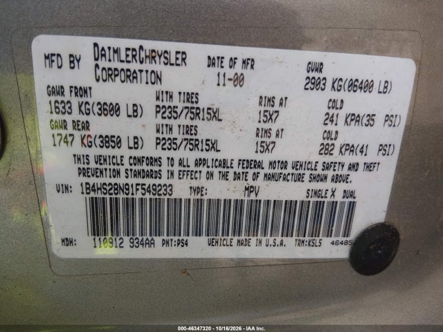 Продаж на аукціоні авто 2001 Dodge Durango, vin: 1B4HS28N91F549233, номер лоту: 46347320