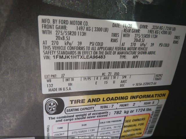 46347329 :رقم المزاد ، 1FMJK1HTXLEA96483 vin ، 2020 Ford Expedition Xlt Max مزاد بيع