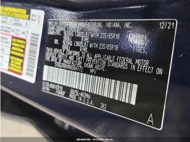 Aukcja sprzedaży 2022 Toyota Highlander Xle, vin: 5TDGZRBHXNS564772, numer aukcji: 46347330