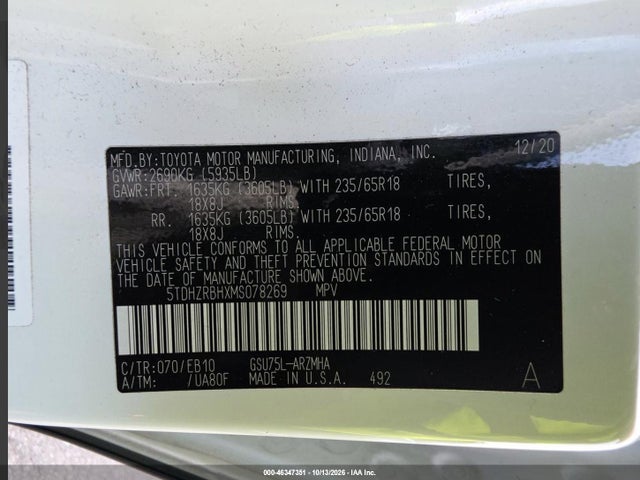 Aukcja sprzedaży 2021 Toyota Highlander Xle, vin: 5TDHZRBHXMS078269, numer aukcji: 46347351