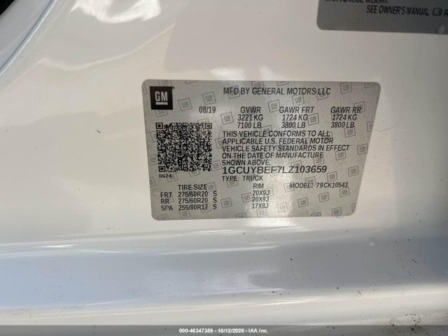 46347359 :رقم المزاد ، 1GCUYBEF7LZ103659 vin ، 2020 Chevrolet Silverado 1500 4wd  Short Bed Custom مزاد بيع