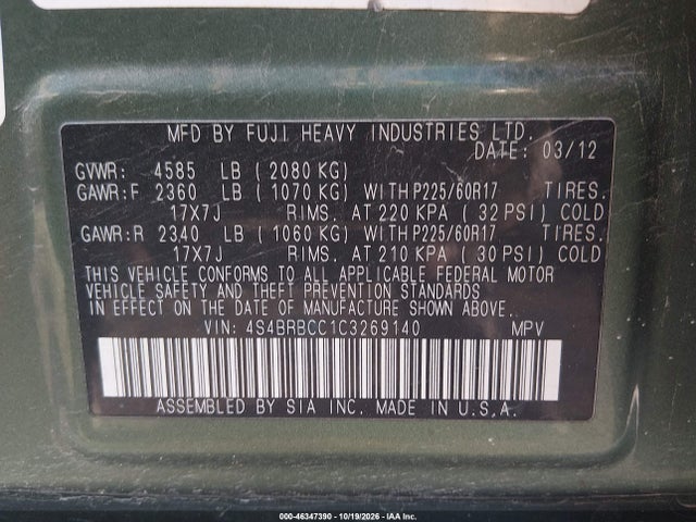 46347390 :رقم المزاد ، 4S4BRBCC1C3269140 vin ، 2012 Subaru Outback 2.5i Premium مزاد بيع