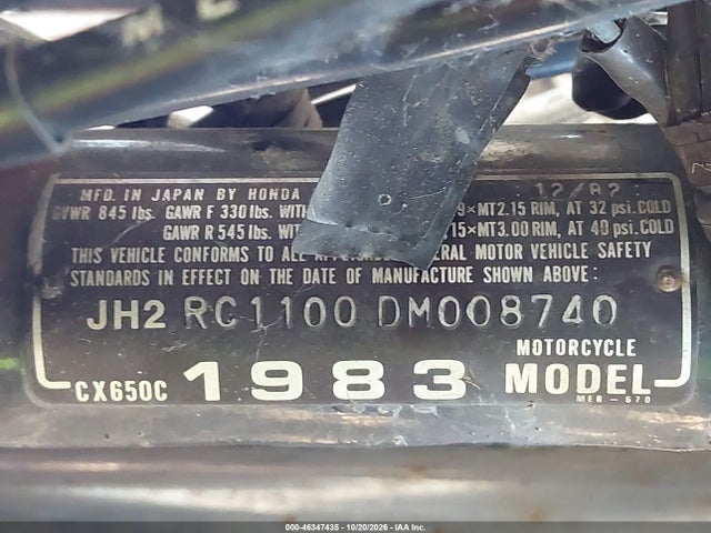 46347435 :رقم المزاد ، JH2RC1100DM008740 vin ، 1983 Honda Cx650 C مزاد بيع