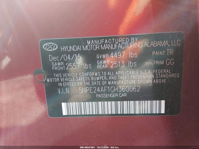 Продаж на аукціоні авто 2016 Hyundai Sonata Se, vin: 5NPE24AF1GH360062, номер лоту: 46347461