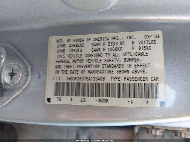 Aukcja sprzedaży 2009 Honda Accord 2.4 Lx, vin: 1HGCP26379A120408, numer aukcji: 46347577