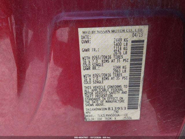 46347607 :رقم المزاد ، 5N1AN0NW1DN813953 vin ، 2013 Nissan Xterra S مزاد بيع