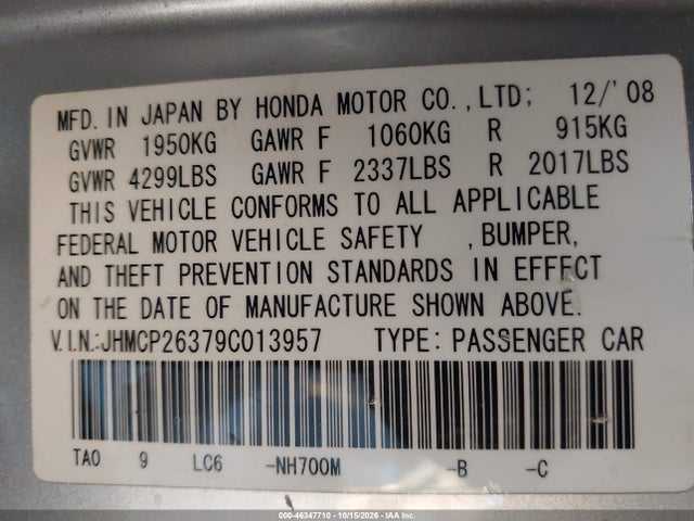 46347710 :رقم المزاد ، JHMCP26379C013957 vin ، 2009 Honda Accord 2.4 Lx مزاد بيع