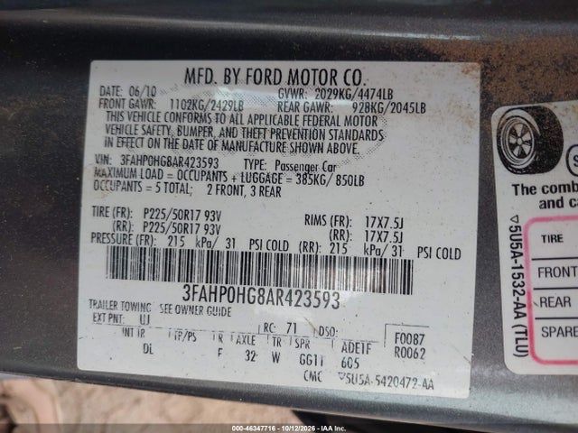 Продаж на аукціоні авто 2010 Ford Fusion Se, vin: 3FAHP0HG8AR423593, номер лоту: 46347716