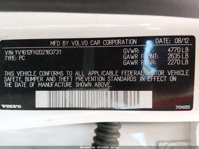 Aukcja sprzedaży 2013 Volvo S60 T5/t5 Platinum/t5 Premier/t5 Premier Plus, vin: YV1612FH2D2183731, numer aukcji: 46347740
