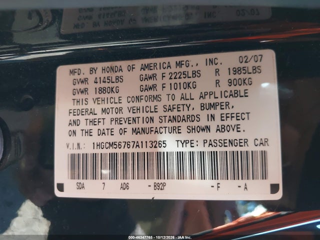 Продажа на аукционе авто 2007 Honda Accord 2.4 Ex, vin: 1HGCM56767A113265, номер лота: 46347765
