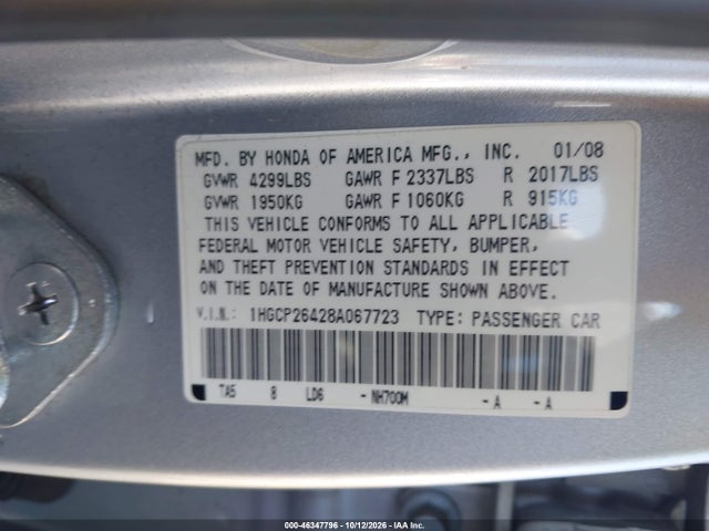 Auction sale of the 2008 Honda Accord 2.4 Lx-p, vin: 1HGCP26428A067723, lot number: 46347796