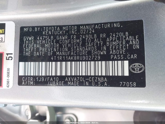 46347822 :رقم المزاد ، 4T1R11AK8RU902729 vin ، 2024 Toyota Camry Le مزاد بيع