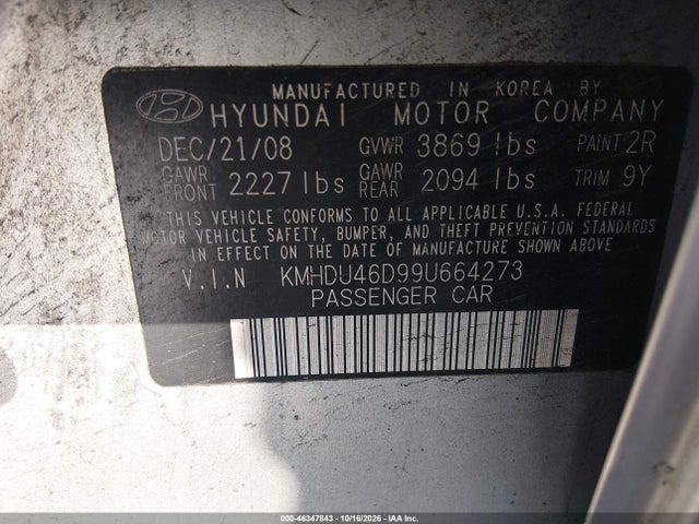 46347843 :رقم المزاد ، KMHDU46D99U664273 vin ، 2009 Hyundai Elantra Gls مزاد بيع