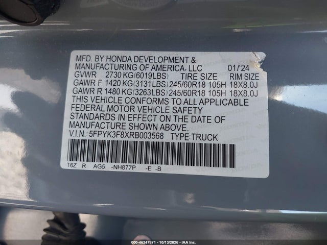 46347871 :رقم المزاد ، 5FPYK3F8XRB003568 vin ، 2024 Honda Ridgeline Black Edition مزاد بيع