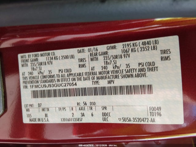 Ford Escape Titanium 2016 1FMCU9J93GUC27054 Image 9