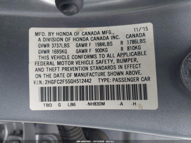 Продажа на аукционе авто 2016 Honda Civic Lx, vin: 2HGFC2F55GH512442, номер лота: 46347951