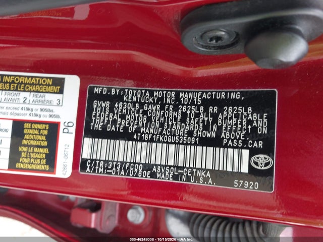 2016 Toyota Camry Le მანქანა იყიდება აუქციონზე, vin: 4T1BF1FK0GU535091, აუქციონის ნომერი: 46348008