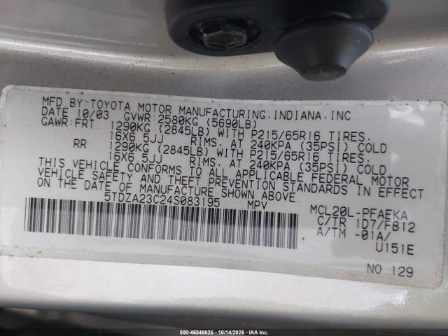 46348025 :رقم المزاد ، 5TDZA23C24S083195 vin ، 2004 Toyota Sienna Le مزاد بيع