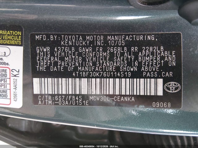 46348054 :رقم المزاد ، 4T1BF30K76U114519 vin ، 2006 Toyota Camry Le V6 مزاد بيع