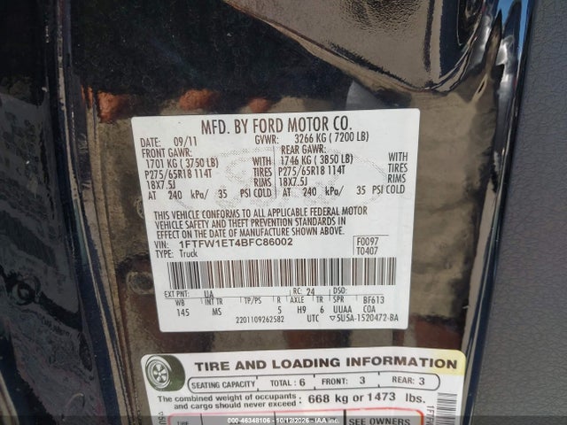 Продаж на аукціоні авто 2011 Ford F-150 Xlt, vin: 1FTFW1ET4BFC86002, номер лоту: 46348106