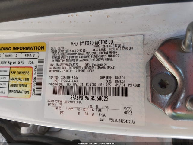 Ford FUSION SE 2016 3FA6P0T96GR368022 Image 9