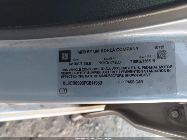 46348170 :رقم المزاد ، KL8CB6S93FC811930 vin ، 2015 Chevrolet Spark Ls Cvt مزاد بيع