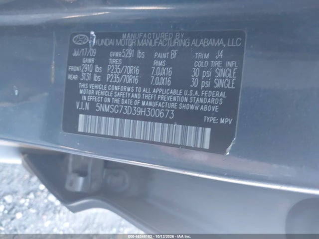 46348182 :رقم المزاد ، 5NMSG73D39H300673 vin ، 2009 Hyundai Santa Fe Gls مزاد بيع