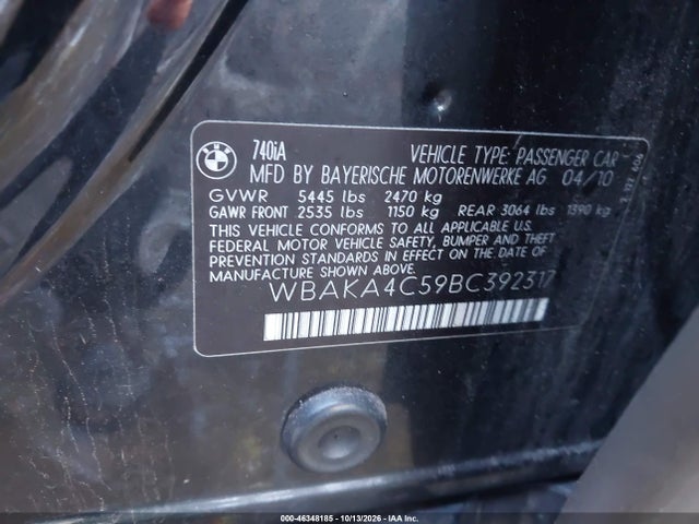 Aukcja sprzedaży 2011 Bmw 740i, vin: WBAKA4C59BC392317, numer aukcji: 46348185