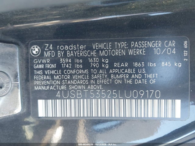Aukcja sprzedaży 2005 Bmw Z4 3.0i, vin: 4USBT53525LU09170, numer aukcji: 46348226