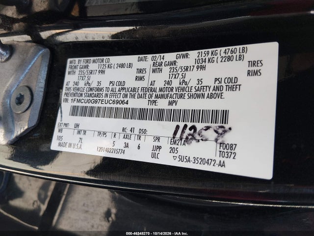 2014 Ford Escape Se მანქანა იყიდება აუქციონზე, vin: 1FMCU0G97EUC69064, აუქციონის ნომერი: 46348270