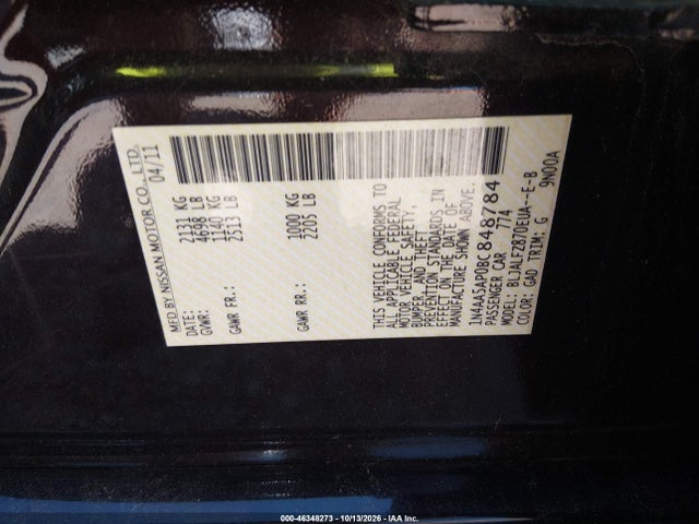 46348273 :رقم المزاد ، 1N4AA5AP0BC848784 vin ، 2011 Nissan Maxima 3.5 Sv مزاد بيع