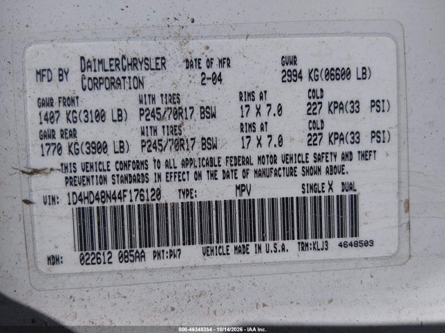Продаж на аукціоні авто 2004 Dodge Durango Slt, vin: 1D4HD48N44F176120, номер лоту: 46348354