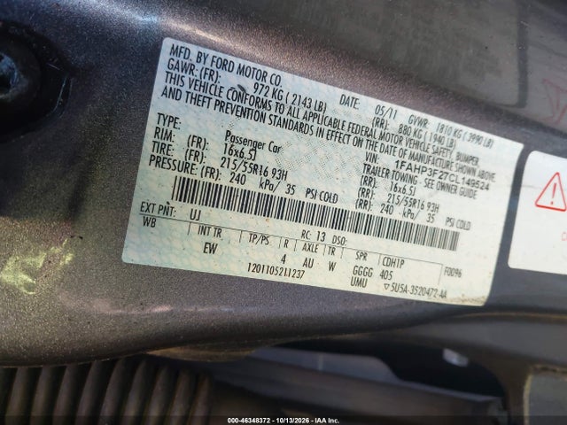 46348372 :رقم المزاد ، 1FAHP3F27CL149524 vin ، 2012 Ford Focus Se مزاد بيع