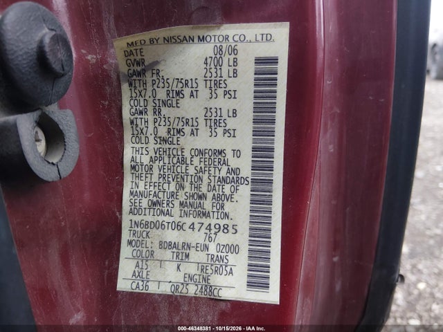 Продаж на аукціоні авто 2006 Nissan Frontier Xe, vin: 1N6BD06T06C474985, номер лоту: 46348381