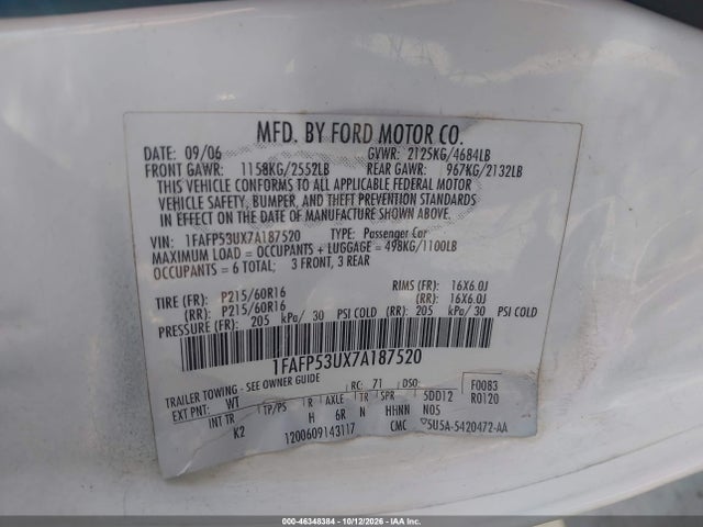 Aukcja sprzedaży 2007 Ford Taurus Se, vin: 1FAFP53UX7A187520, numer aukcji: 46348384