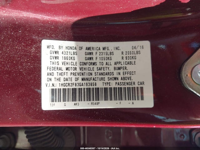 Aukcja sprzedaży 2016 Honda Accord Ex-l, vin: 1HGCR2F83GA193858, numer aukcji: 46348387